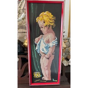 Vintage Needlepoint Child Baby boy Blonde Bath wall picture decor nursery 21x8”
